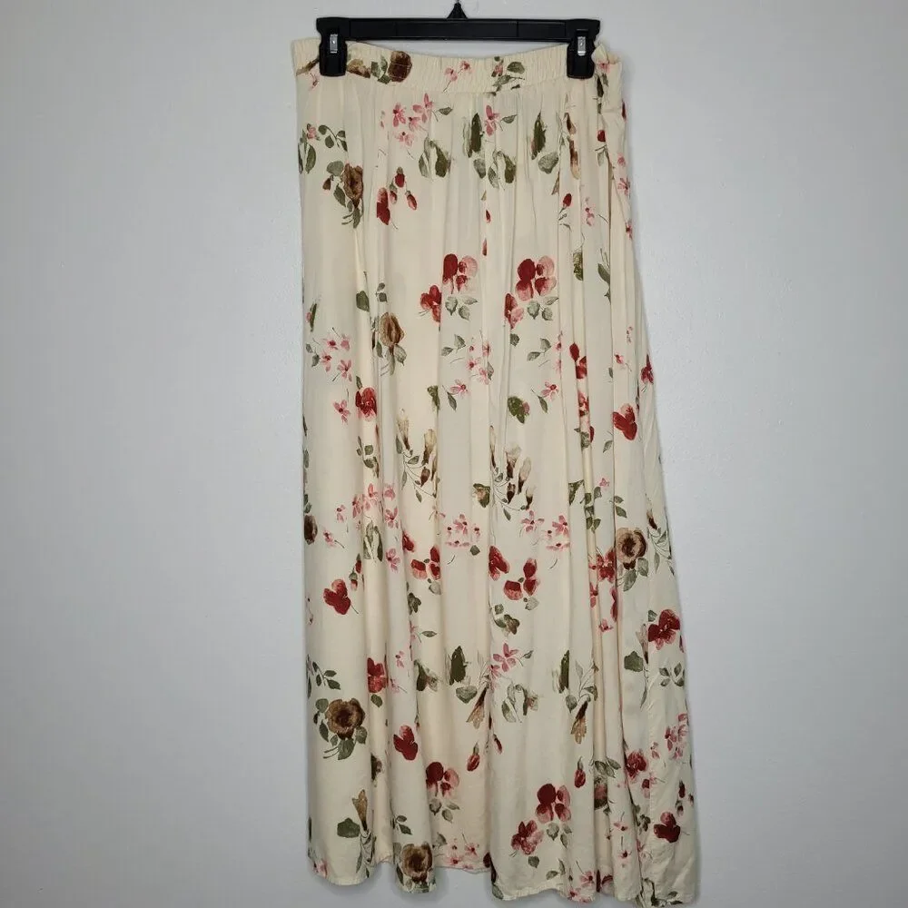 Vintage 90s light yellow floral preppy button front maxi midi cute skirt L FLAW